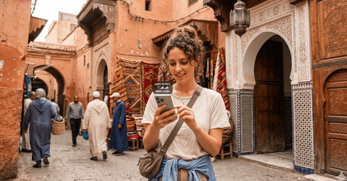 Tourist using smartphone with eSIM in Marrakech Morocco 2026 
